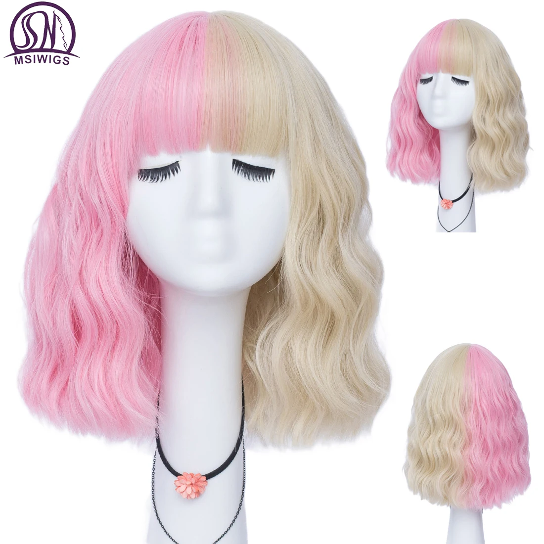 

MSIWIGS Short Bobo Lolita Two Tone Color Synthetic Cosplay Wigs for Women Orange Red Green With Bang for Female Girl Party