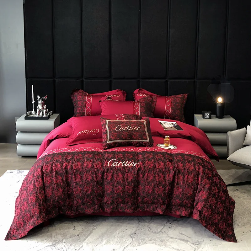 

Red Egyptian Cotton Rose Printing Bedding Set Luxury Princess Wedding Embroidery Duvet Cover Bed Sheet Pillowcases Home Textile