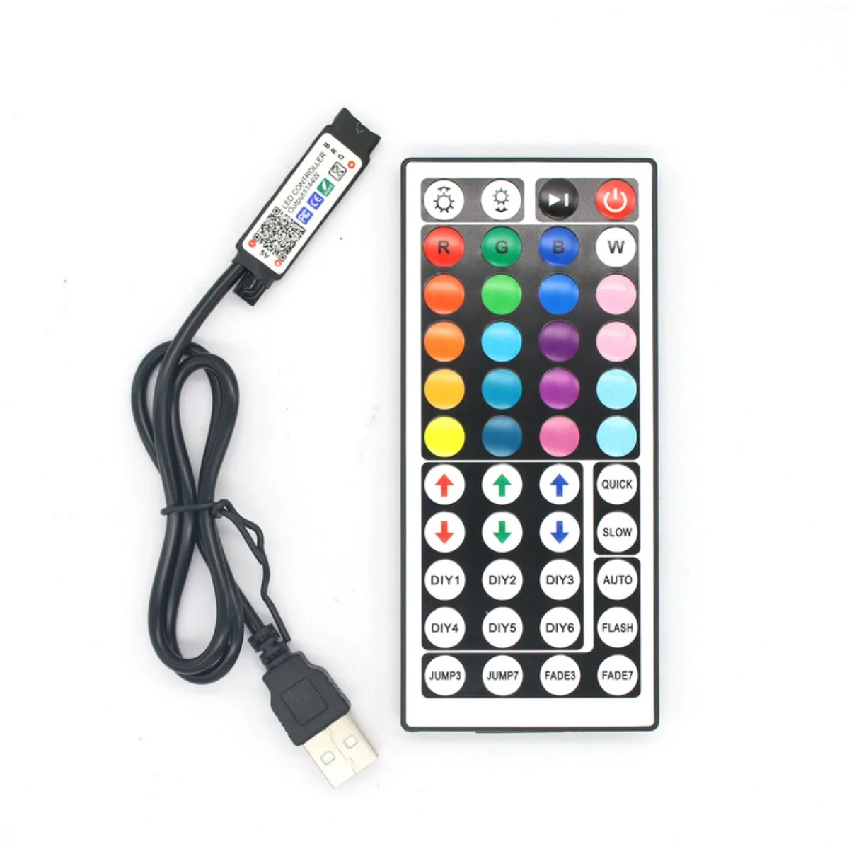 Wireless Bluetooth LED Strip Light Controller with 44-Key Remote and Dual Outputs