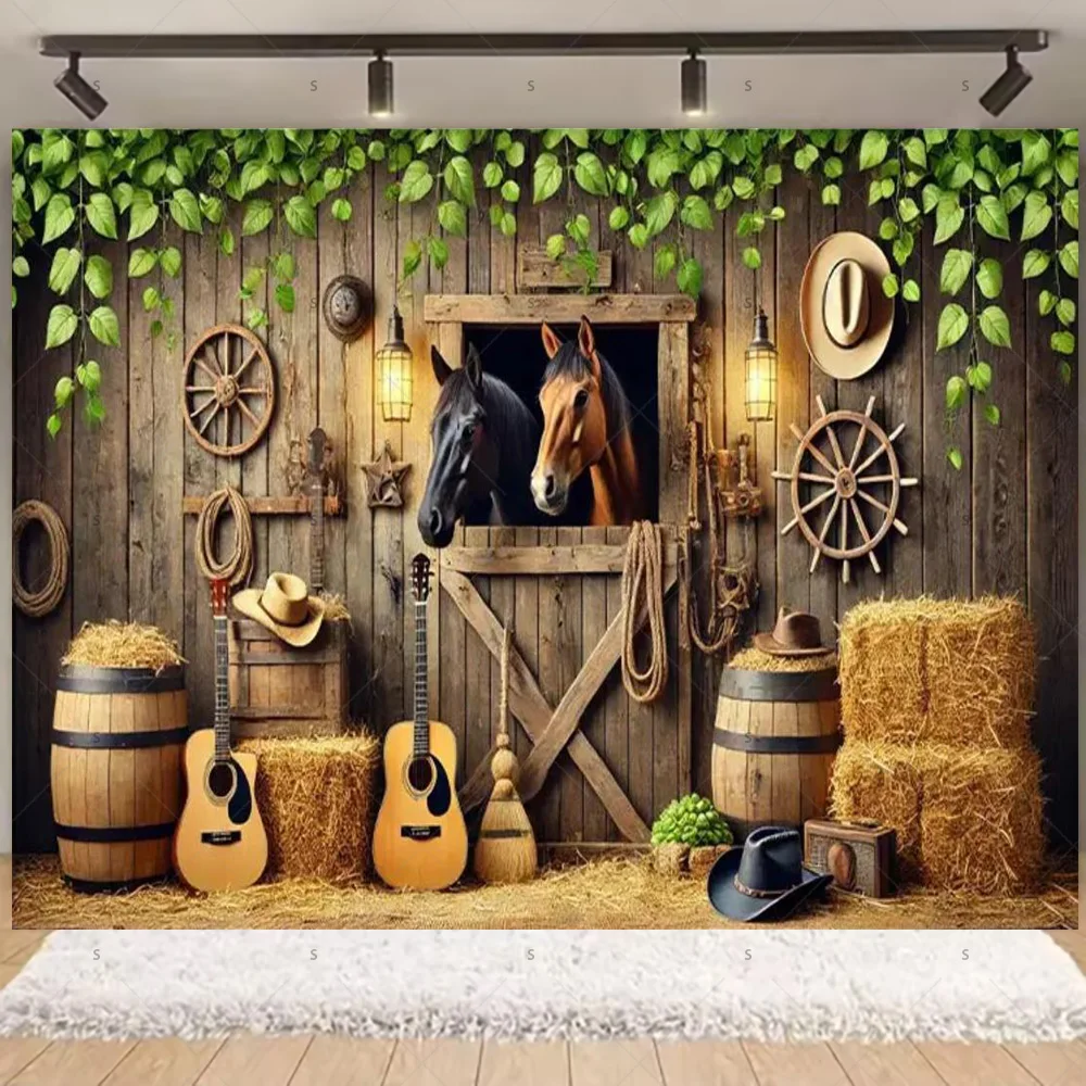 DORCEV 8x6ft Vintage Western Wooden Barn House Backdrop Old Barn Door Horse Stable Small Barn Photo Background American West Cowboy Cool Boys Adults Birthday Party Portraits Party Studio Props