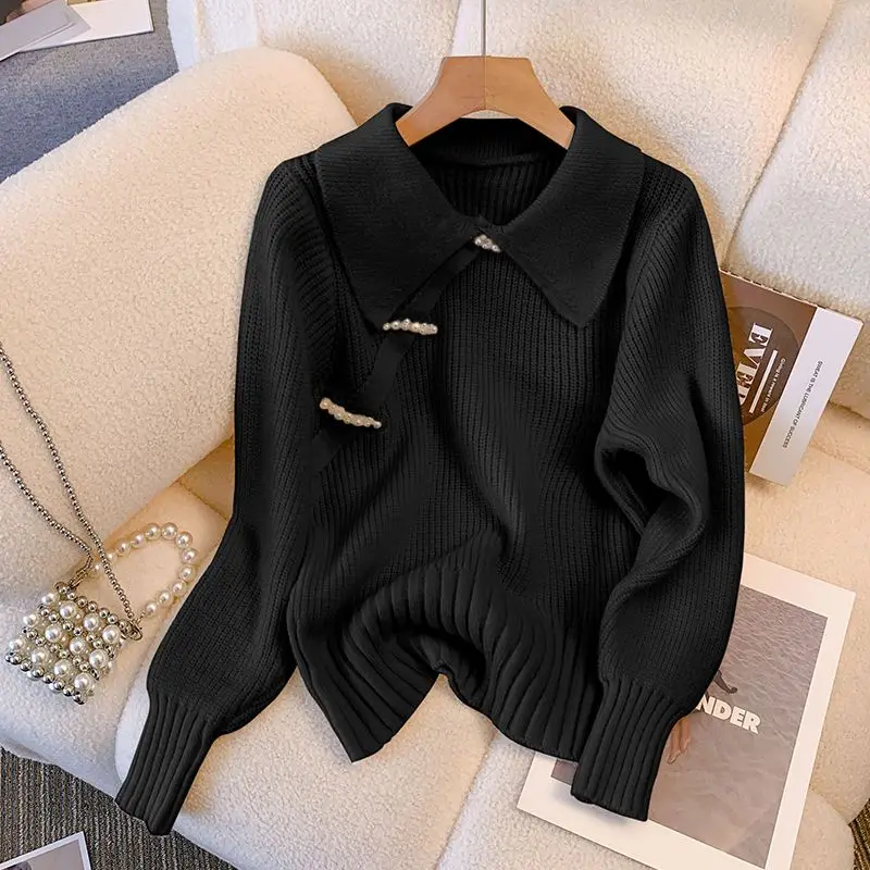

Sweet Solid Color Spliced Beading Sweaters Women's Clothing 2023 Autumn Winter Loose Knitted Casual Pullovers Korean Tops