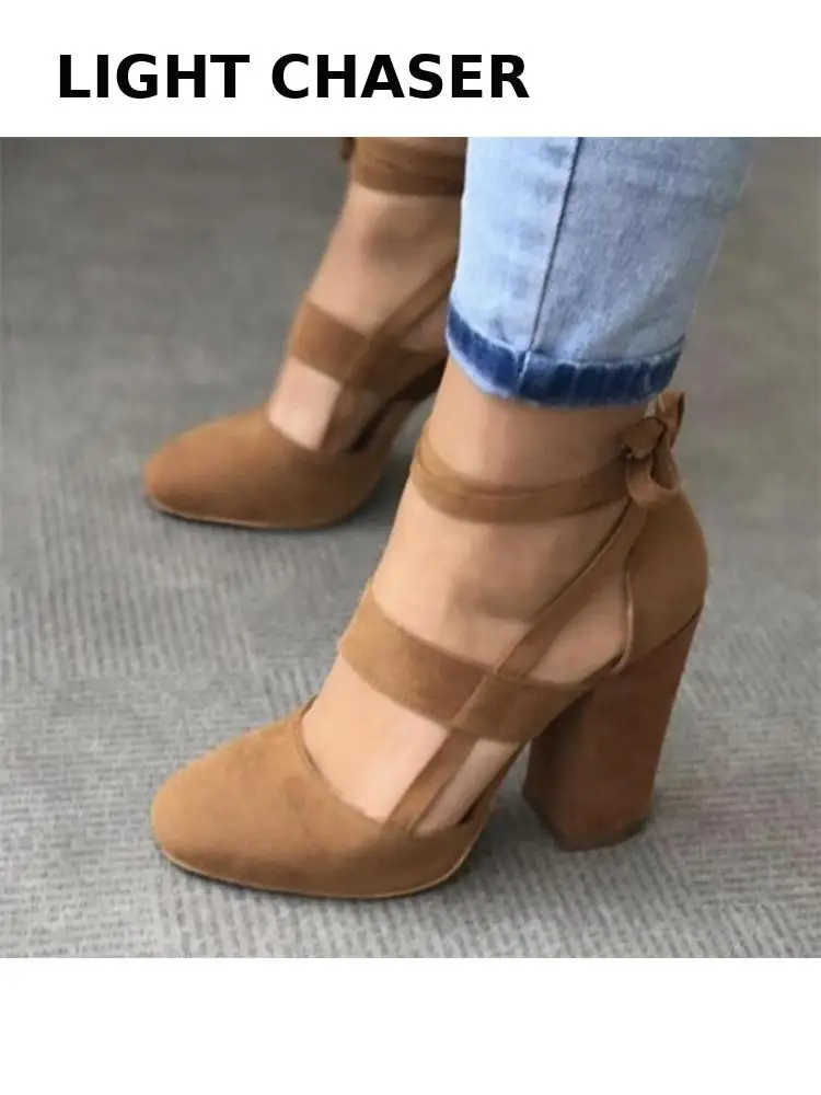 Large Size Women's Shoes Spring Autumn Suede Women's High Heels Lace-up Thick Heel Large Size Single Shoes Summer Rome Sandals