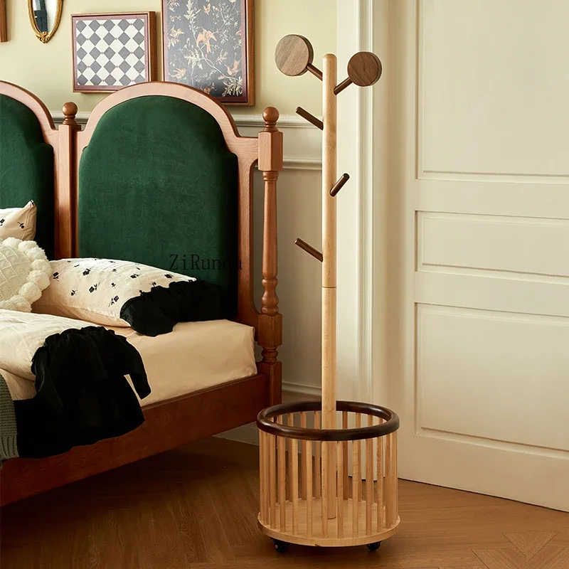French retro solid wood children's coat rack floor-to-ceiling movable small apartment bedroom living room