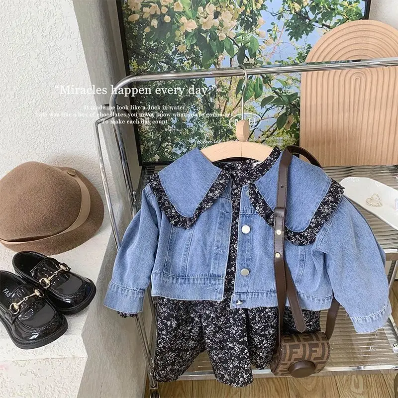 Girls' suit 2023 autumn new children's fashion two-piece baby lace
