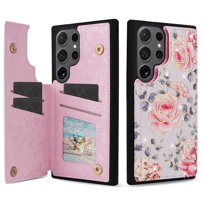 Floral Wallet Card Holder Flip Leather Case with RFID Blocking Technology