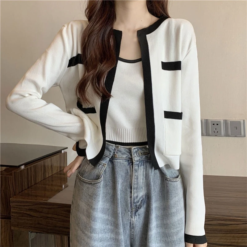 Women Autumn 2 Piece Knitted Contrast Color Striped Outfits Long Sleeve Open Front Cropped Cardigan with Sleeveless 10CF