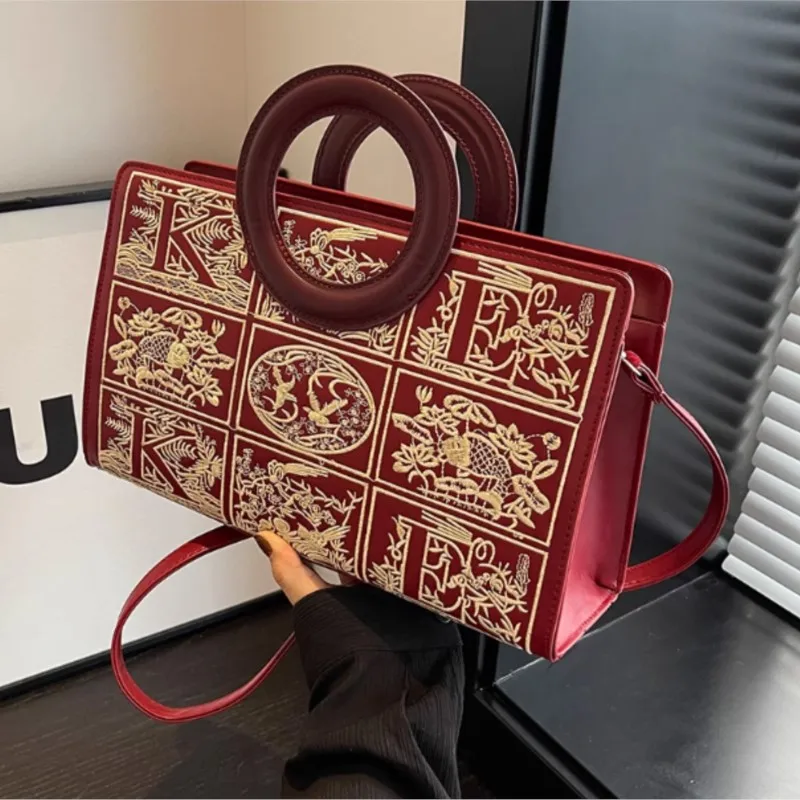 JIAERDI Retro Red Embroidery Tote Bag Women Leather Large Capacity Shoulder Bag Ladies Elegant Premium Luxury Design Handbag New