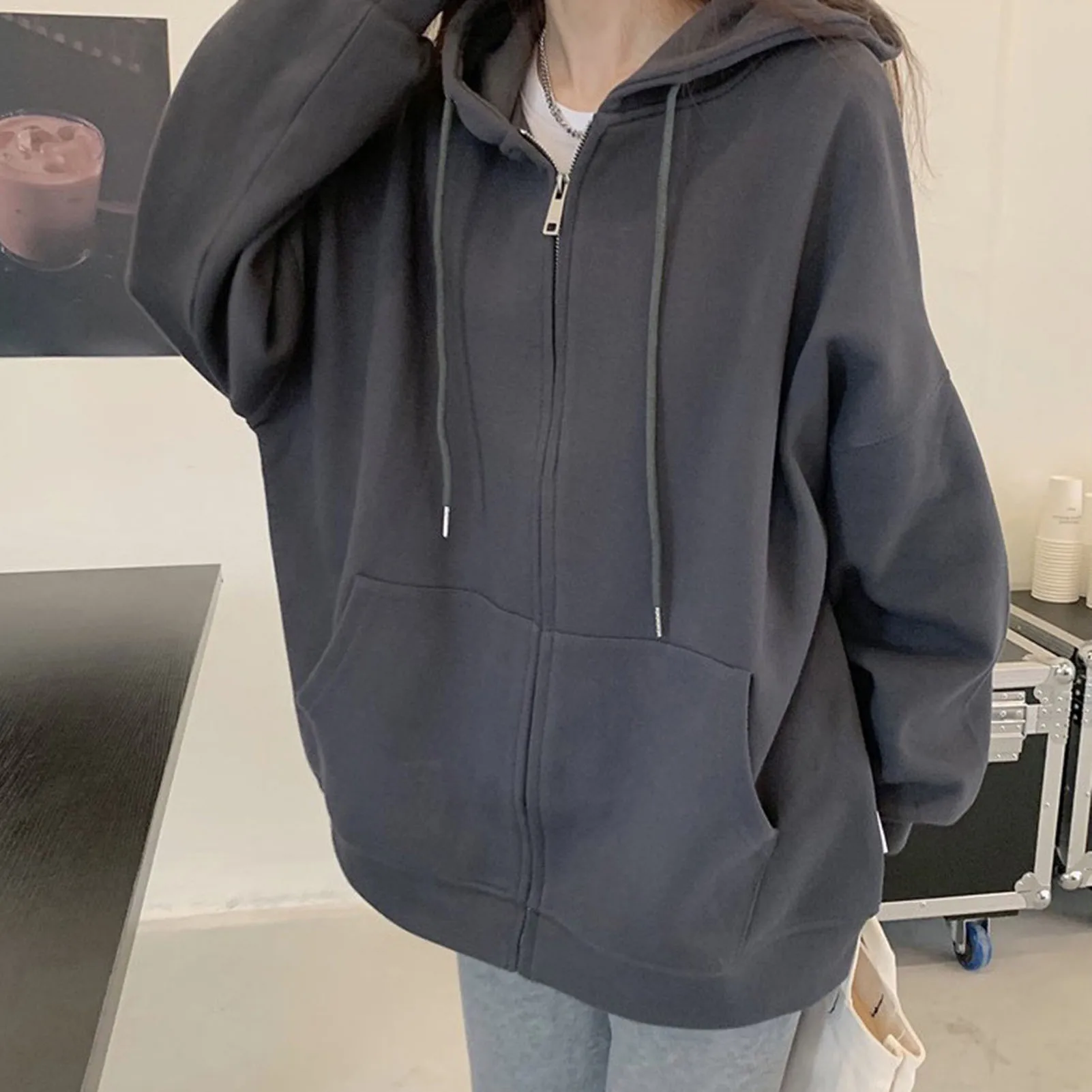 Sweatshirt Hoodie Oversize Hooded Cardigan Sweatshirts Gray