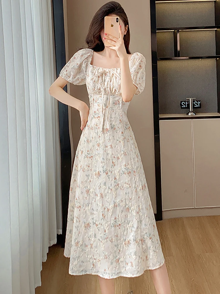 Casual Floral Midi Sundress Summer Emboridery Floral Chic Bow