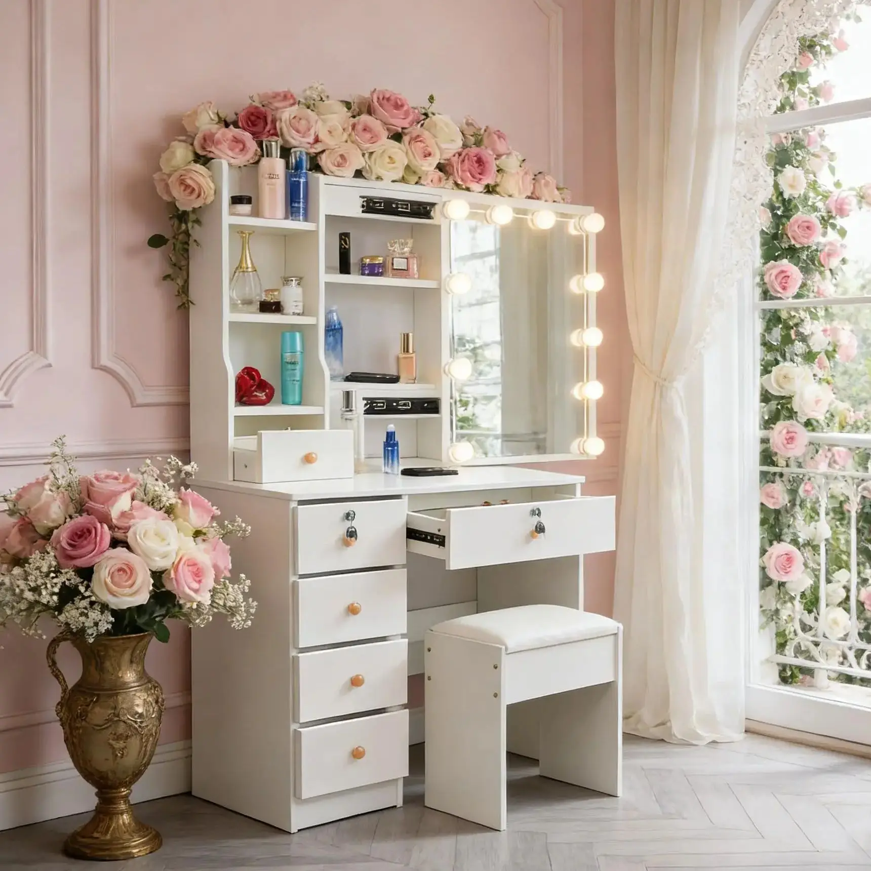 Teousev 10 LED Lighted Vanity Set with Mirror & Stool, 3 Color Modes, 7 Drawers Storage, Easy Install Makeup Dressing Table - 1