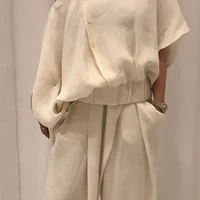 Fashion Women's Pants&Tops Wide Leg Buttoned Casual Bottoms Trousers Hollow Solid Color Irregularity Loose Cold shoulder Blouse - Image 5