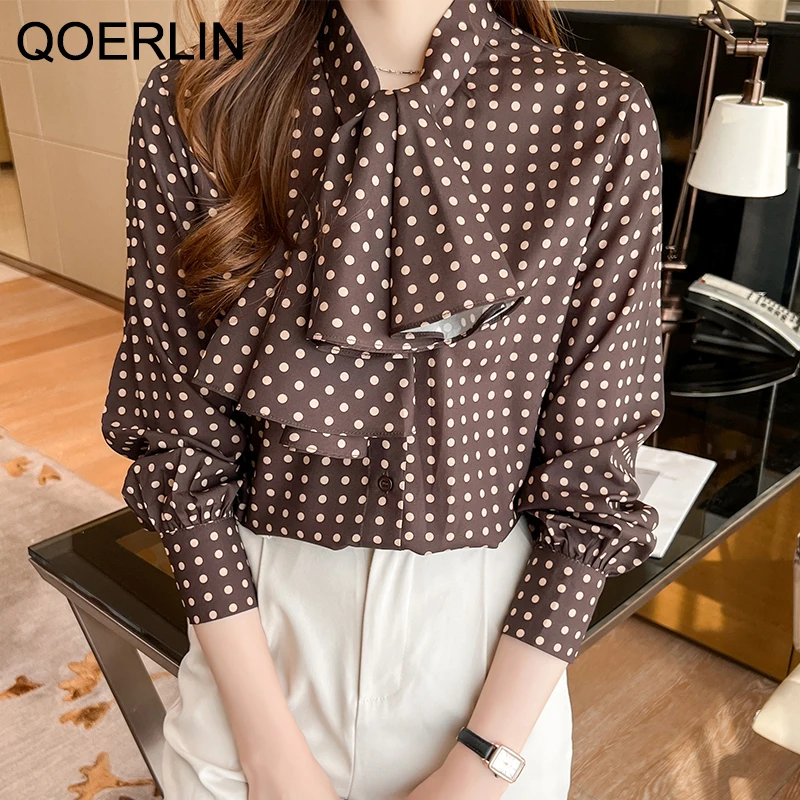 QOERLIN Polka Dot Blouse Women Long Sleeve Spring Autumn Loose Office Ladies Shirts Single-Breasted Elegant Workwear qoerlin ol style beaded workwear shirts spring new shirt chiffon top fashion shirt office ladies blusas blancas elegantes 2022