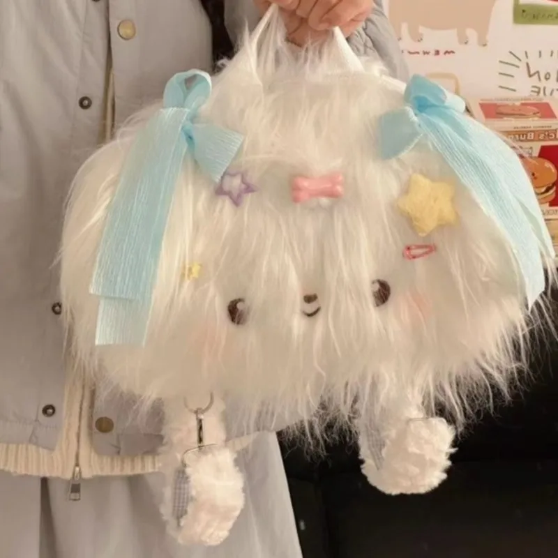 JIAERDI Sweet Cute Plush Lolita Handbag Women Bow Star Large Capacity Backpack Ladies Kawaii Long Hair Puppy Mochilas Mujer 2025