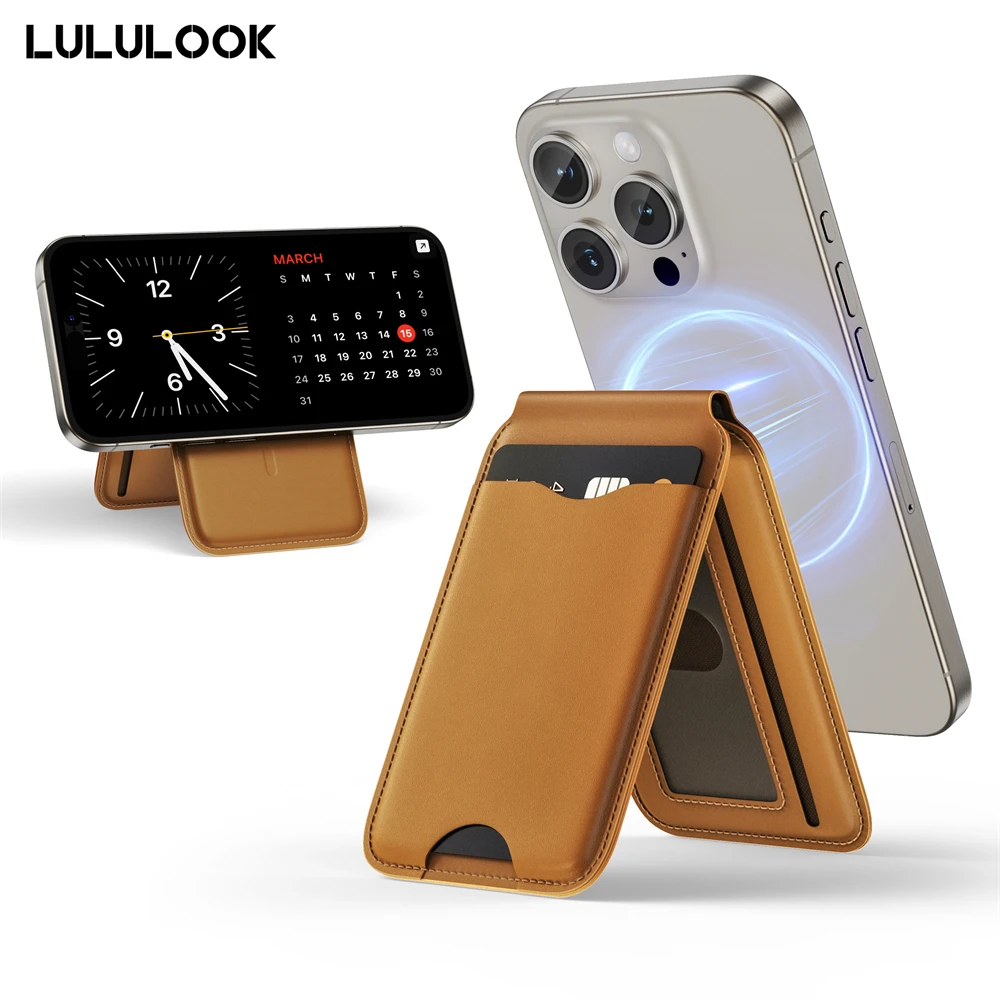 ที่ใส่บัตรแม่เหล็ก LULULOOK พร้อมขาตั้งโทรศัพท์หนัง สำหรับ iPhone 16 15 14 13 17 Pro Max Magsafe แบบพับได้ 1