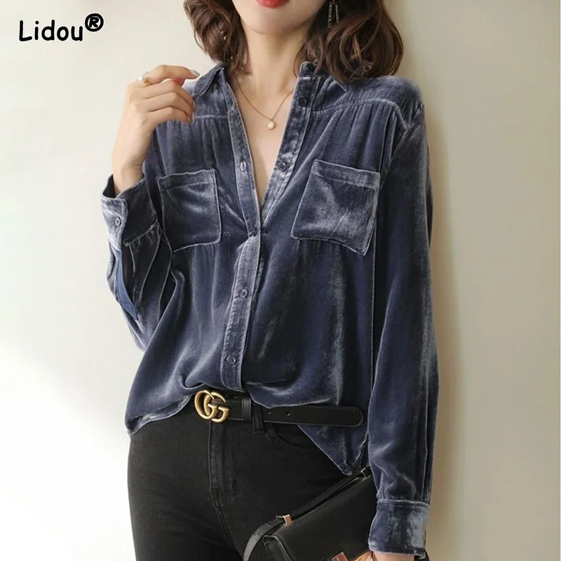Solid Blouses Temperament Office Lady Fashionable Pockets Button Turn-down Collar Lightly Cooked Autumn Winter Women's Clothing dignified office lady formal classic blazers skinny solid simplicity button women s clothing pockets 2022 coat tops all season