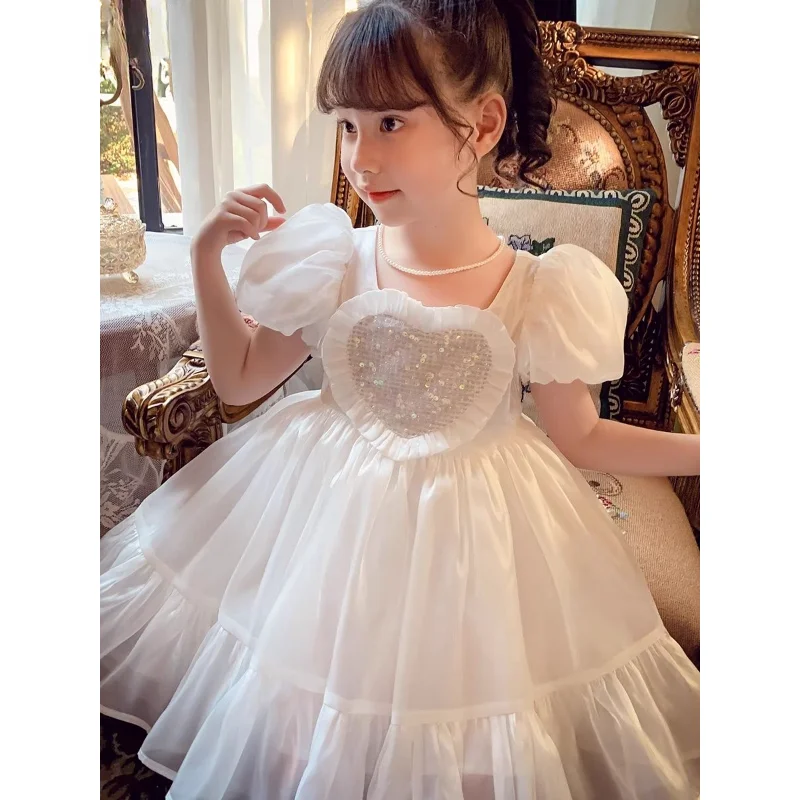 

Girls' Dress Summer 2023 New Fashionable Children's Net Red Flowing Light Dress Girls' White Bubble Sleeve Princess Dress