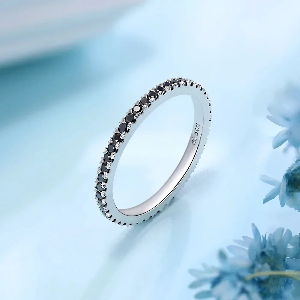 여성을위한 1.4mm 블랙 Moissanite 반지 S 웨딩 밴드 18K 화이트 골드 도금 실험실 다이아몬드 반지 파인 쥬얼리
