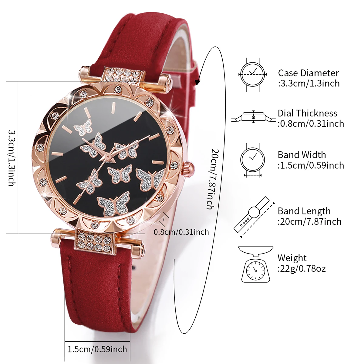 5PCS/Set Women's Watch Fashion Rhinestone Leather Band Quartz Watches Butterfly Jewelry Set（Without Box） 5