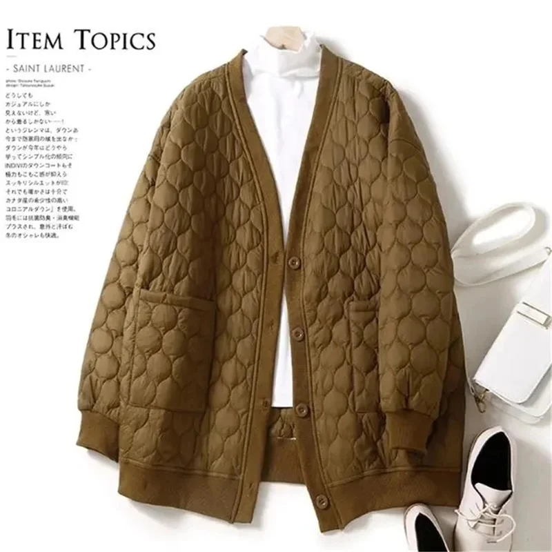 

2024Autumn Winter New Korean Vintage Women Loose Solid Diamond Checker Down Cotton Thickened Long Sleeve Thick Parka Female Coat
