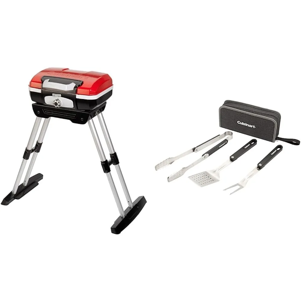 

22" H X 17.6" W X 11.8" L, Petit Gourmet Portable Gas Grill with VersaStand, Red & CGS-1000 4-Piece Folding Grill Tool Set