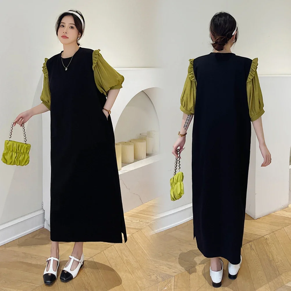 

2024 Summer New Korea Woman Dress Vestidos Robe Ete Femme Elbise Loose Plus Size Patchwork Lantern Sleeve Long Dresses