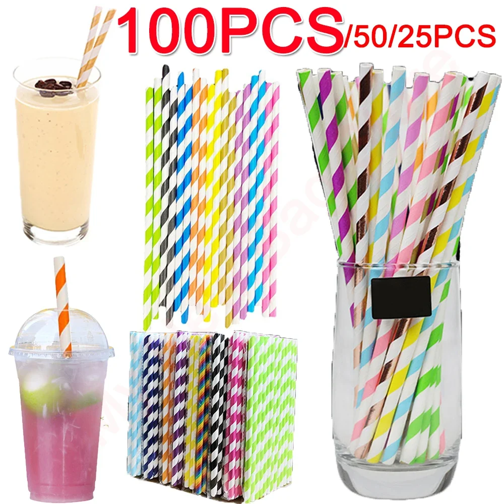 Disposable Plastic Straws 25-100PCS for Drinking Kitchen Cocktail Striped Bedable Straw Bar Party