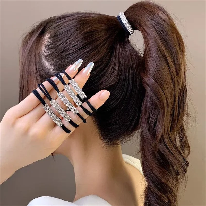 

TwinkLei 5/10Pcs Women Diamonds Black Shiny Rhinestone Seamless Rubber Band Elastic Hair Rope Korean Girl Hair Tie Accessories