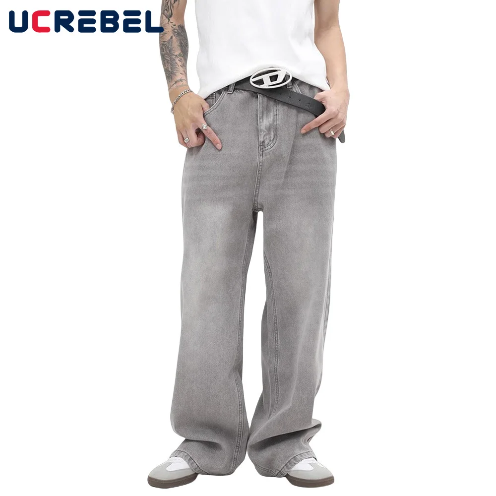 Retro Washed Distressed Straight-leg Jeans Mens Streetwear Loose Casual Wide Leg Pants Men Trousers