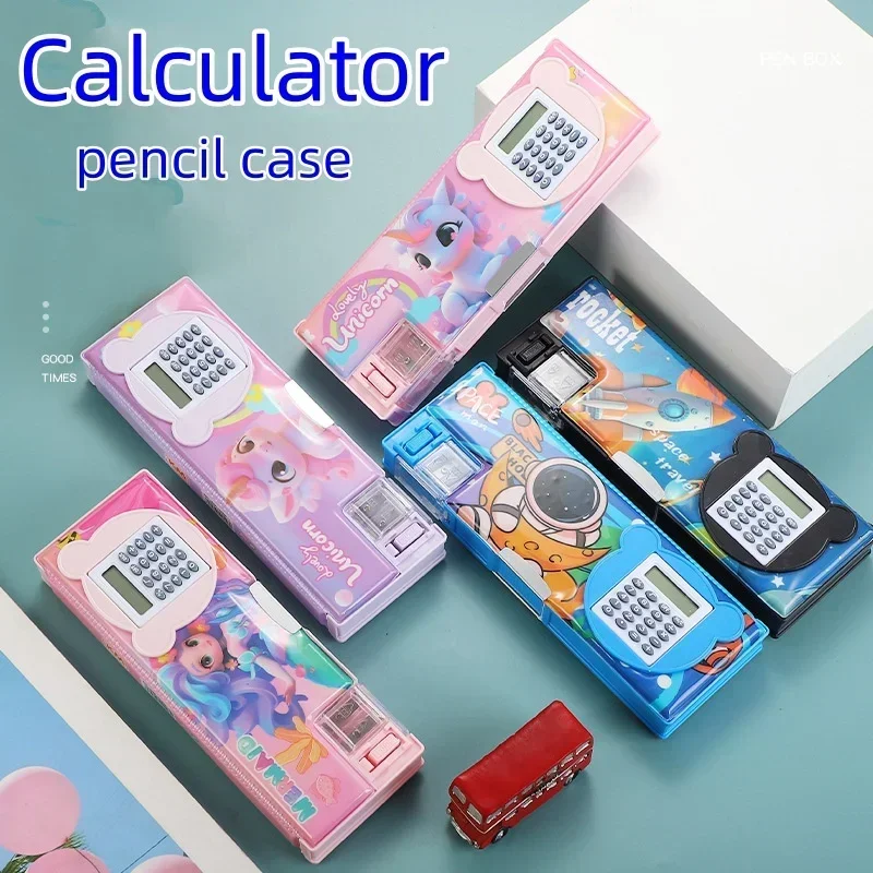 Creative Dual Use Pencil Case Calculator Cartoon Multifunctional Large Capacity Double-layer Pen Storage Box Astronauts Cute