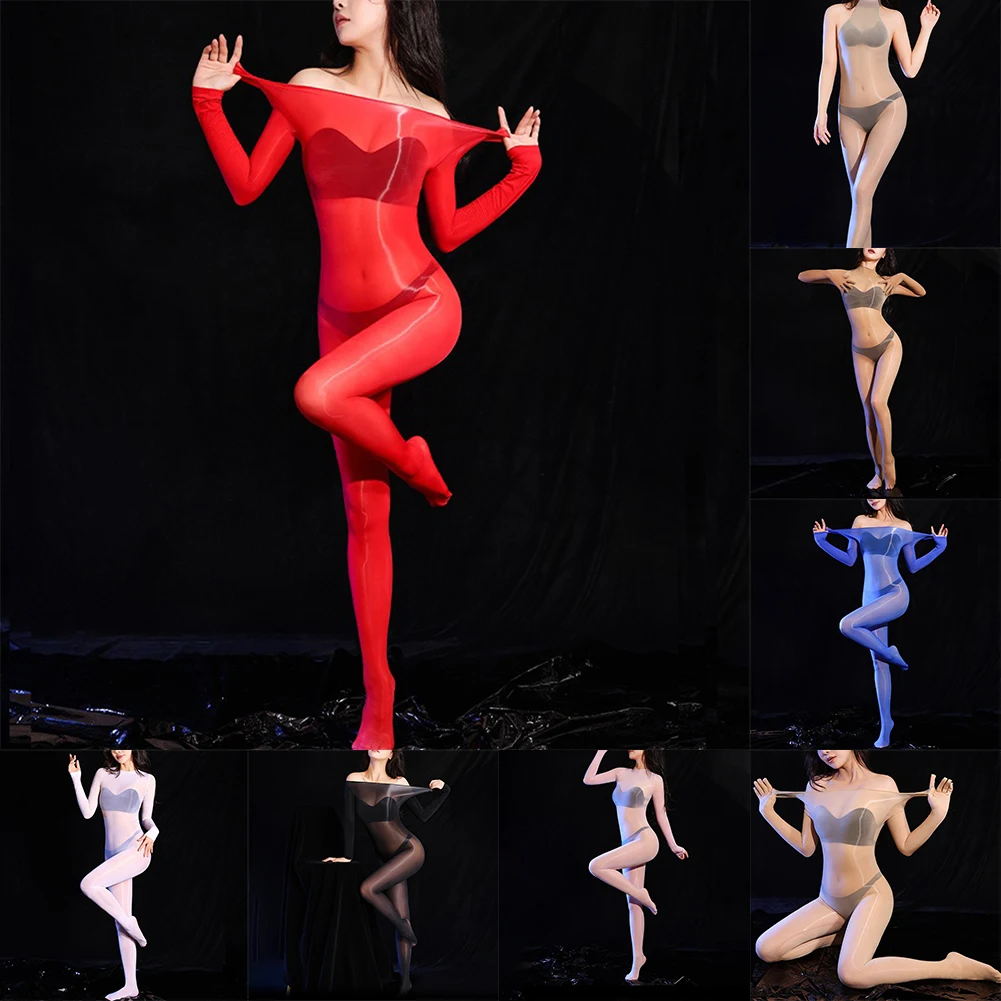 Men Oil Shiny Sheer Perspective Tights Super Elastic Jumpsuit Long Sleeved Full Body Stockings Open Sheath Seductive Bodysuit