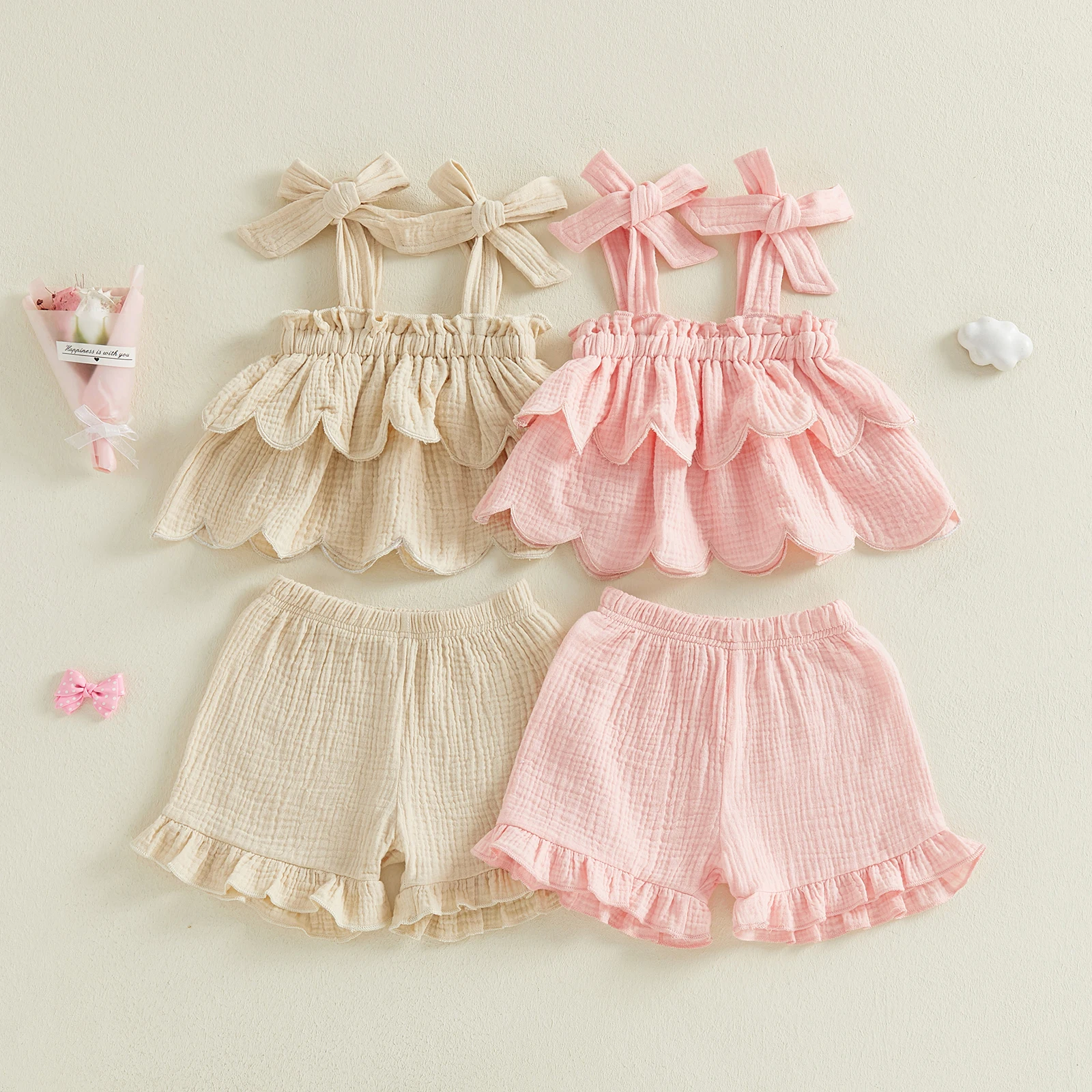 Abbigliamento per Bambine, Completo Estivo a 2 Pezzi, Top Senza Maniche a Strati Tinta Unita, Pantaloncini con Volant, Set di Abbigliamento per Bambini - immagine 2