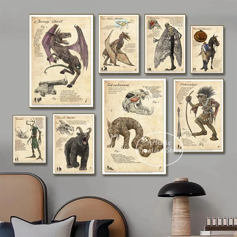 Cryptids Folklore Poster Cthulhu Mothman Kampus Jersey Devil Wendigo Naturalist Print Canvas Wall Art Painting Wall Home Decor