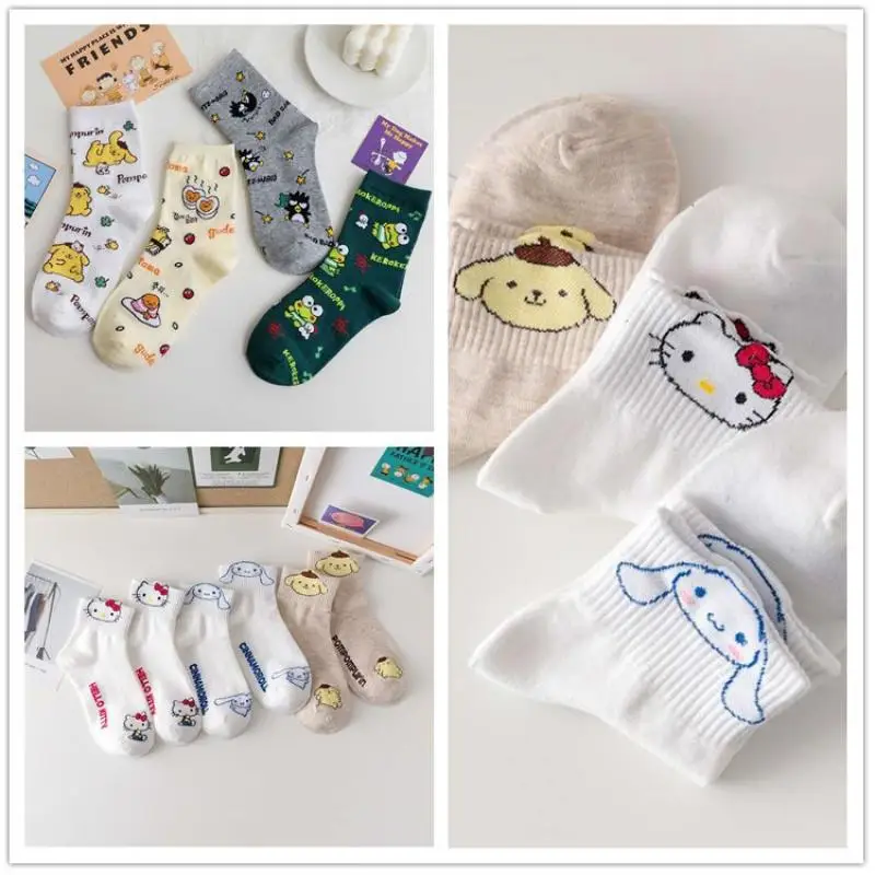 

Cotton Hellokitty Cinnamoroll Girls Boat Socks Sanrio Kawaii Pompom Purin Cartoon Breathable Socks Cute Student Simple Socks