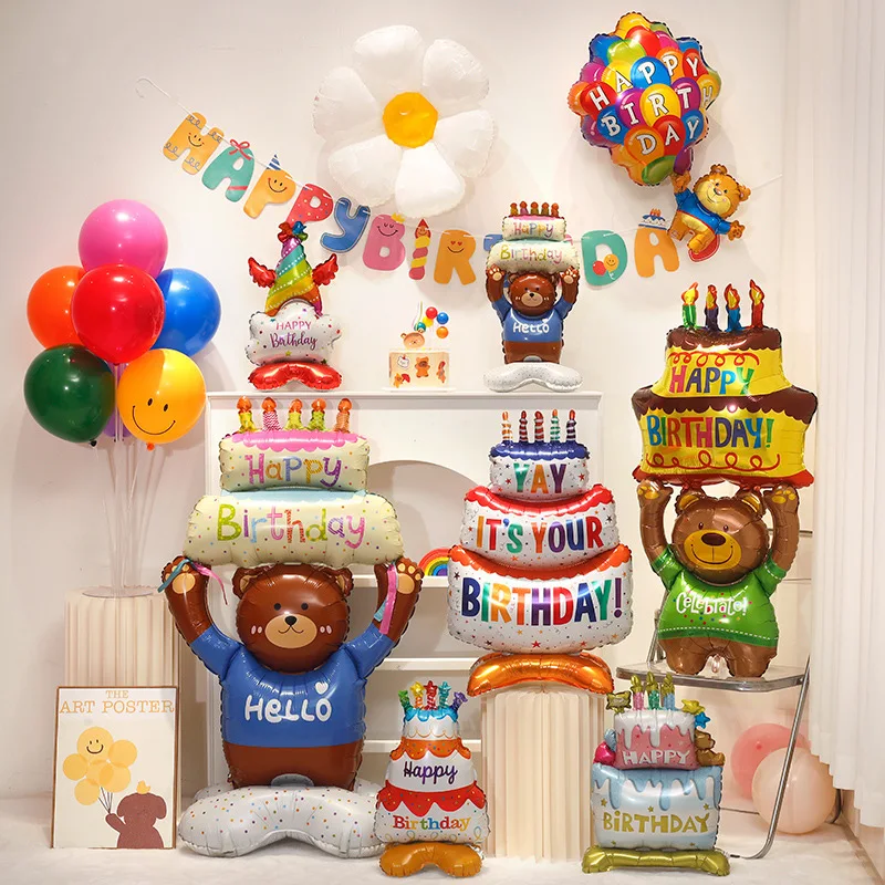 1pc-Birthday Balloons Colorful Candles Three Tier Cake Aluminum Foil Balloons