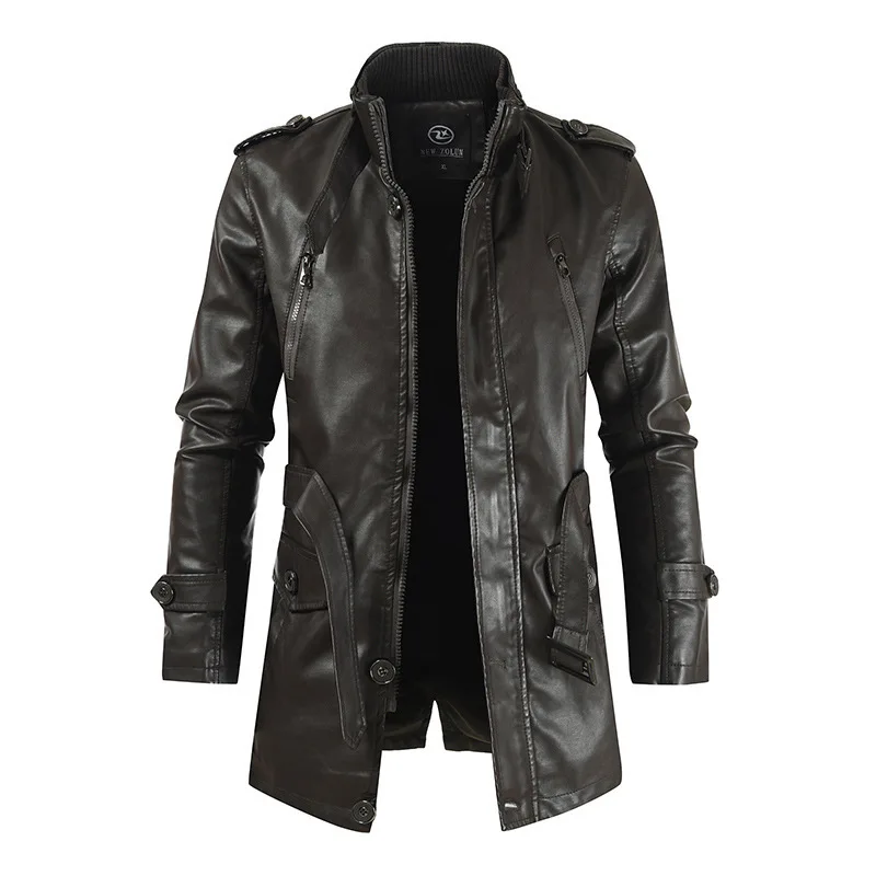 New men's jacket, long leather Jacket with standing collar, plush and thick windproof PU leather jacket, extended dress
