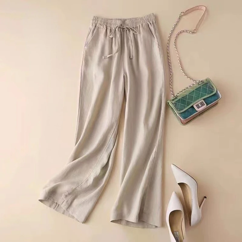 Luneh Casual Comfortable Sourcing Cotton Beige Wide-Leg Cropped Pants, Elastic Wa | ChicGrl