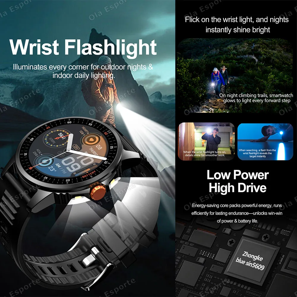New Outdoor Dual Flashlights Smart Watch Men Bluetooth Call Heat Rate Health Monitor Watches Waterproof Fitness Sport Smartwatch