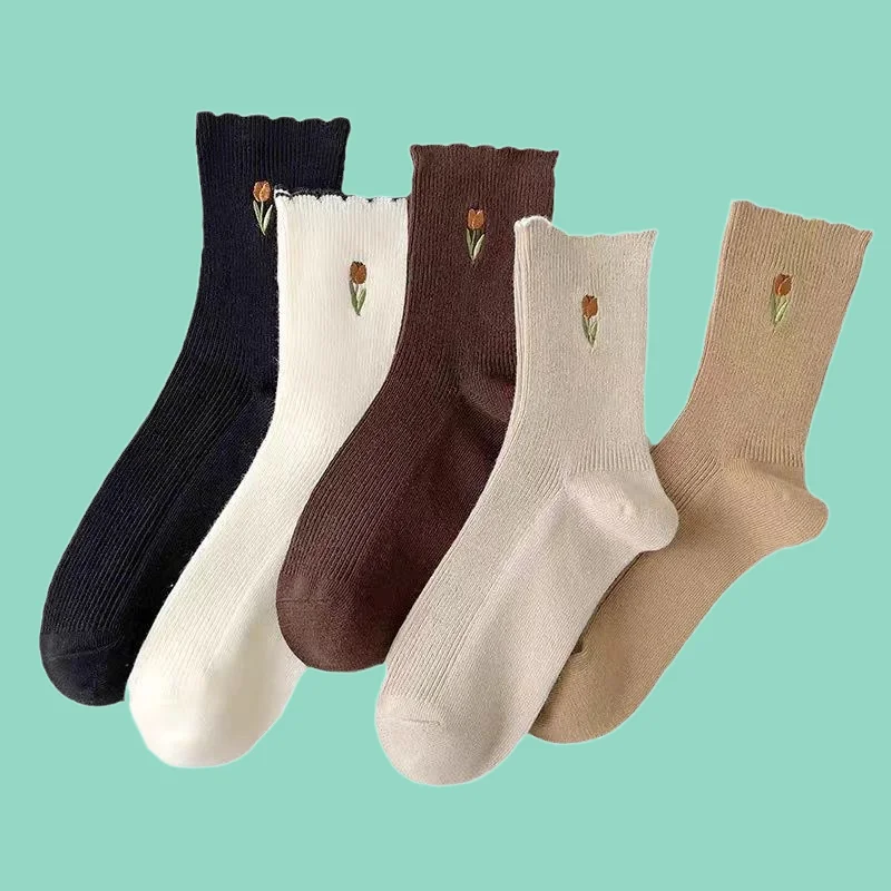 

5/10 Pairs Women's Retro College Style Socks Medium Length Socks Solid Color Trendy Socks High Length Women's Cotton Socks
