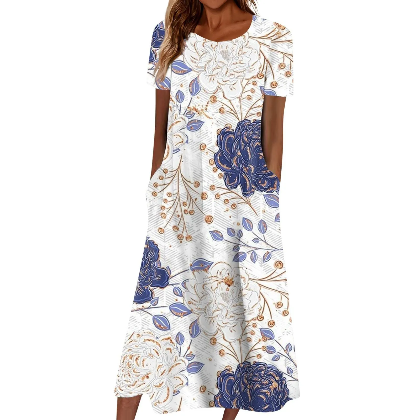 

2024 Beach Holiday Printed Long Dress Summer Women O-Neck Short Sleeve Maxi Dress A-Line Pockets Famale Dresses Vocation