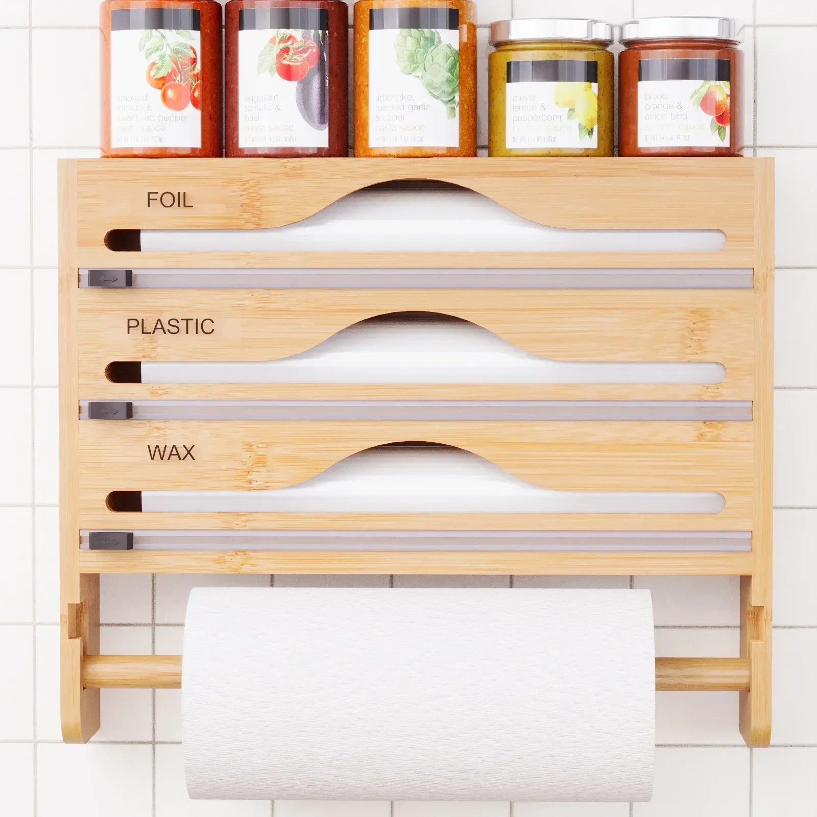 4in1 Bamboo Compartment Cling Film Tin Foil Cutter Box With Kitchen Paper Wall Mounted Paper Towel Kitchen Organizer Accessories 5