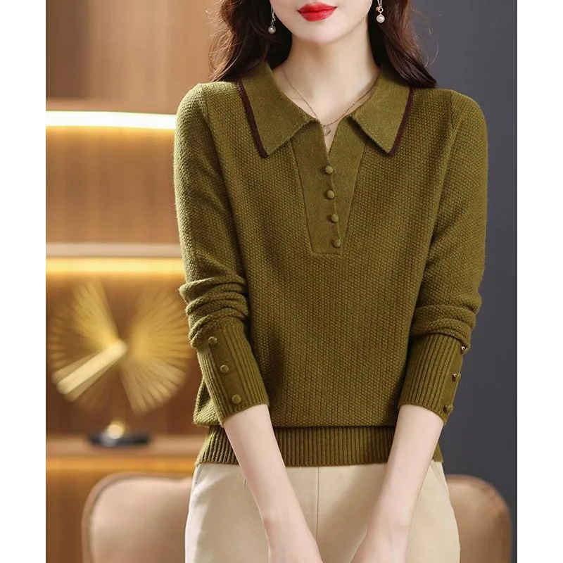 

2023 New Autumn and Winter Fashion Solid Color Contrast Knitted Bottom Shirt Temperament Commuter Button Casual Women's Sweater