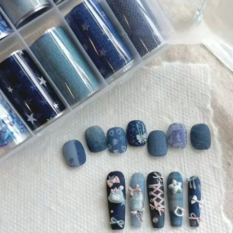 10pcs 네일 아트 포일 전사지 핑크 그리드 패턴 네일 스탬핑 스티커 DIY 네일을위한 스위티 카우보이 스타일 매니큐어 데칼