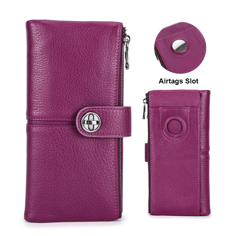 YKOSM Lange Frauen Airtag Brieftasche Luxus Echtes Leder Zipper Geldbörse Dame RFID Blocking ID Kreditkarte Tasche Anti-verloren karte Halter