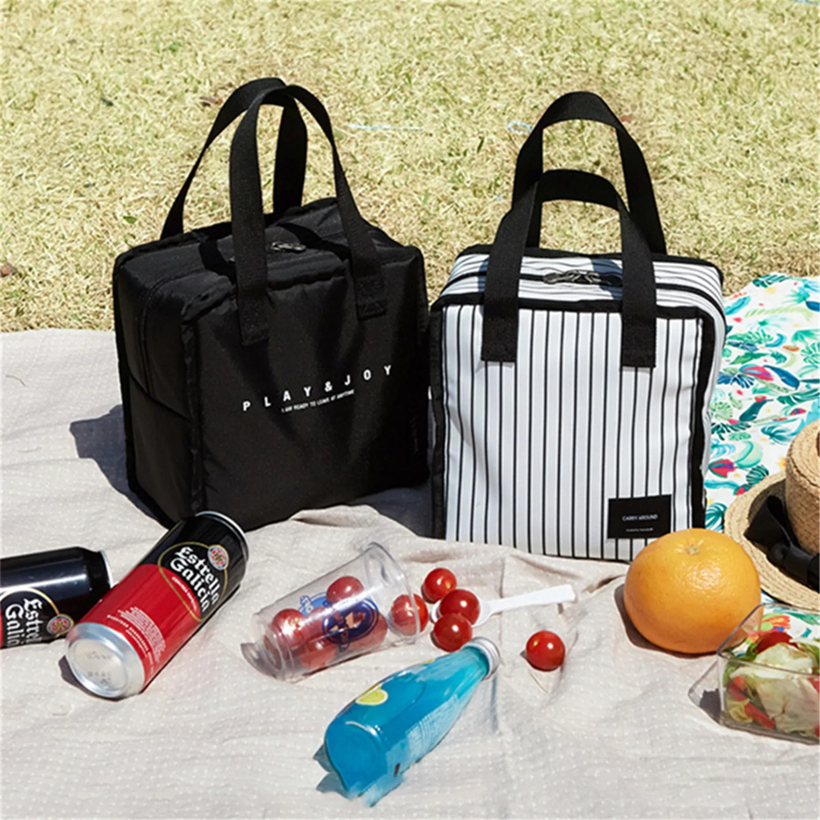 Black And White Stripes Simple Insulated Thermal Camping Bag Picnic Cooler Bag Camping Accessories Office Worker Lunch Box
