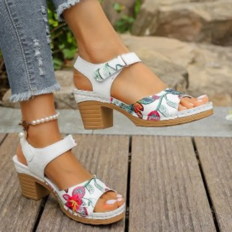 Women's Peep Toe Hihg Heel Sandals Summer Gladiator Shoes Chunky Heel Platform Women's Sandals Flower Ladies Heeled Shoes