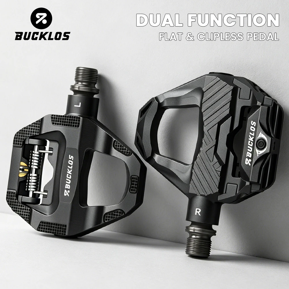 Pedali Bici BUCKLOS a Doppia Funzione, Pedali Piatti e Clipless per Ciclismo con Tacchette, Pedali per Biciclette SPD SL, Componenti in Carbonio