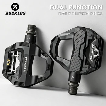 Pedali Bici BUCKLOS a Doppia Funzione, Pedali Piatti e Clipless per Ciclismo con Tacchette, Pedali per Biciclette SPD SL, Componenti in Carbonio