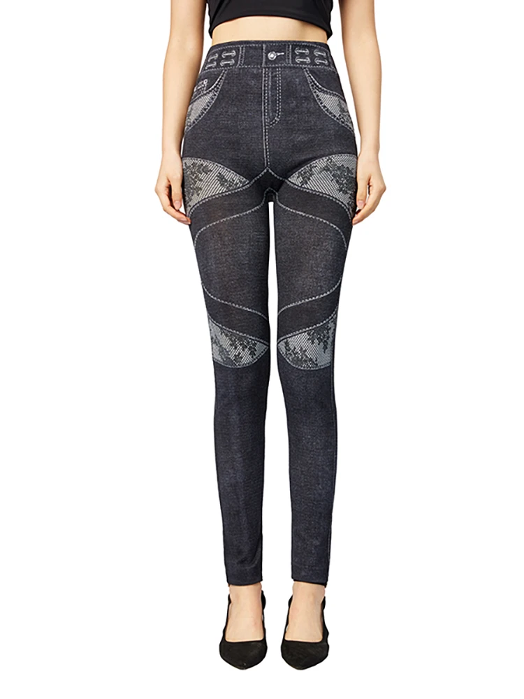 

YRRETY High Waist Sexy Slim Fit Faux Jeans False Denim Legging Women Fitness Stretchy Yoga 3 Colors Mesh Flower Pencil Pants