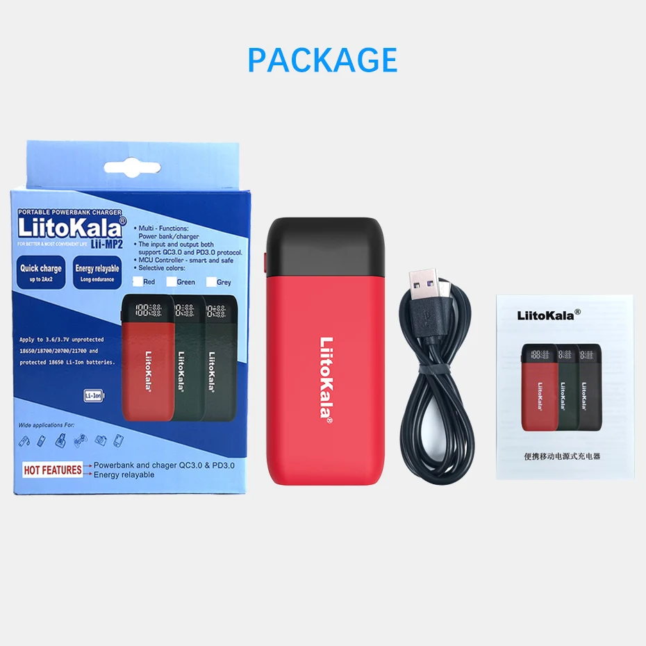 LiitoKala Lii-MP2 충전식 배터리 충전기 및 보조배터리, QC3.0 입출력 디지털 디스플레이, 18650 21700