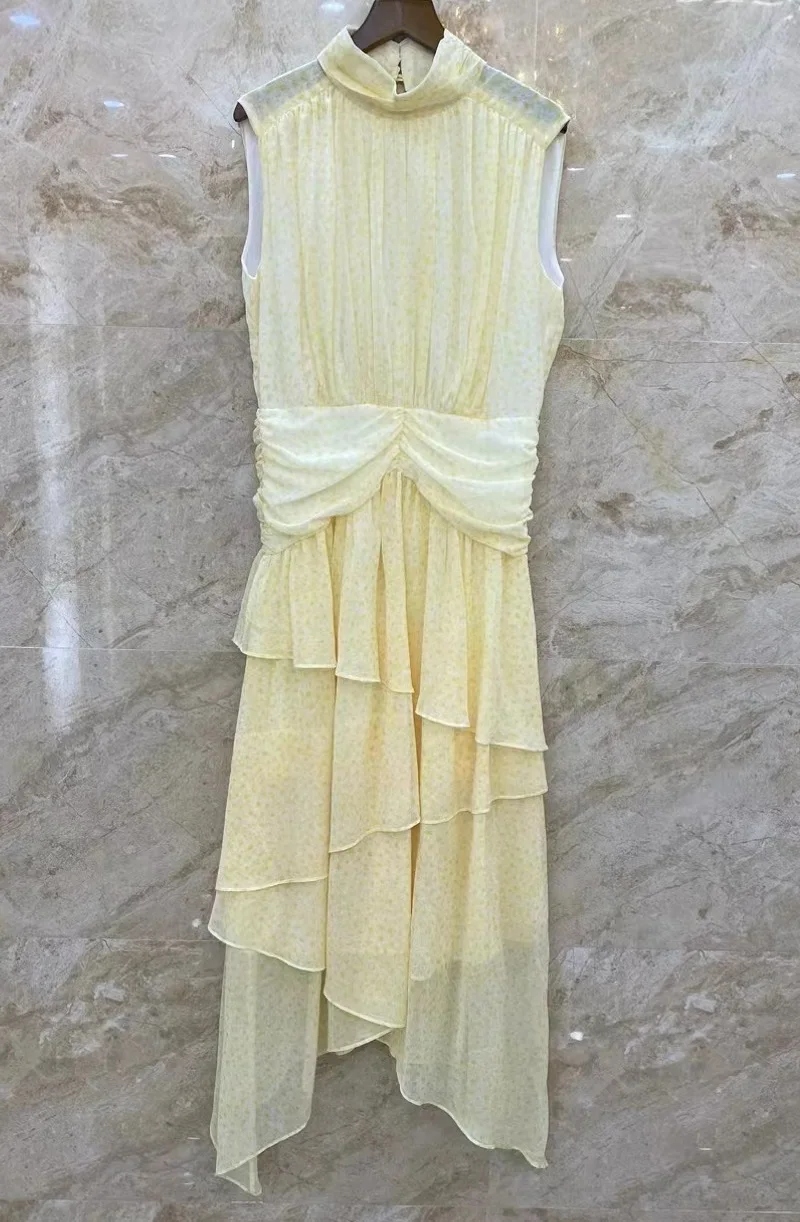 

New 2023 Summer Hot Sale Dress High Quality Ladies Elegant Floral Prints Sexy Asymmetrical Style Sleeveless Casual Yellow Dress